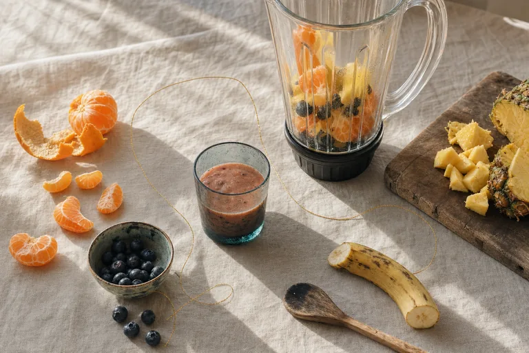 Citrus, berries, and a plain blender form a relaxed preparation arc across sunlit linen.