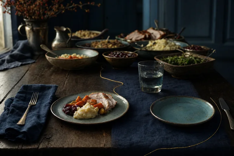 A modest foreground plate rests in clear light as crowded holiday serving vessels recede into shadow.