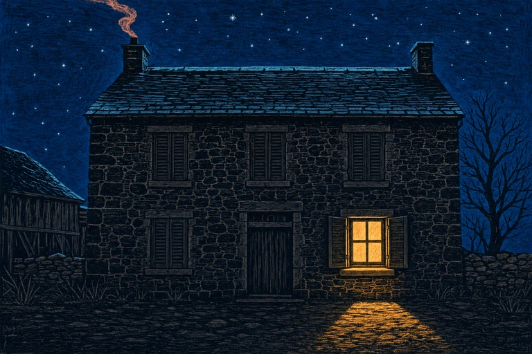 A dark carved cottage facade at night holds a single warmly lit window that spills gold light onto the sill and ground below.