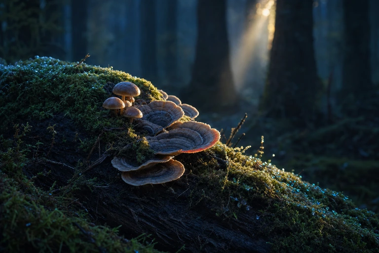 Wild mushrooms grow from a mossy fallen log in a deep blue misty forest as one warm shaft of morning light touches their caps.