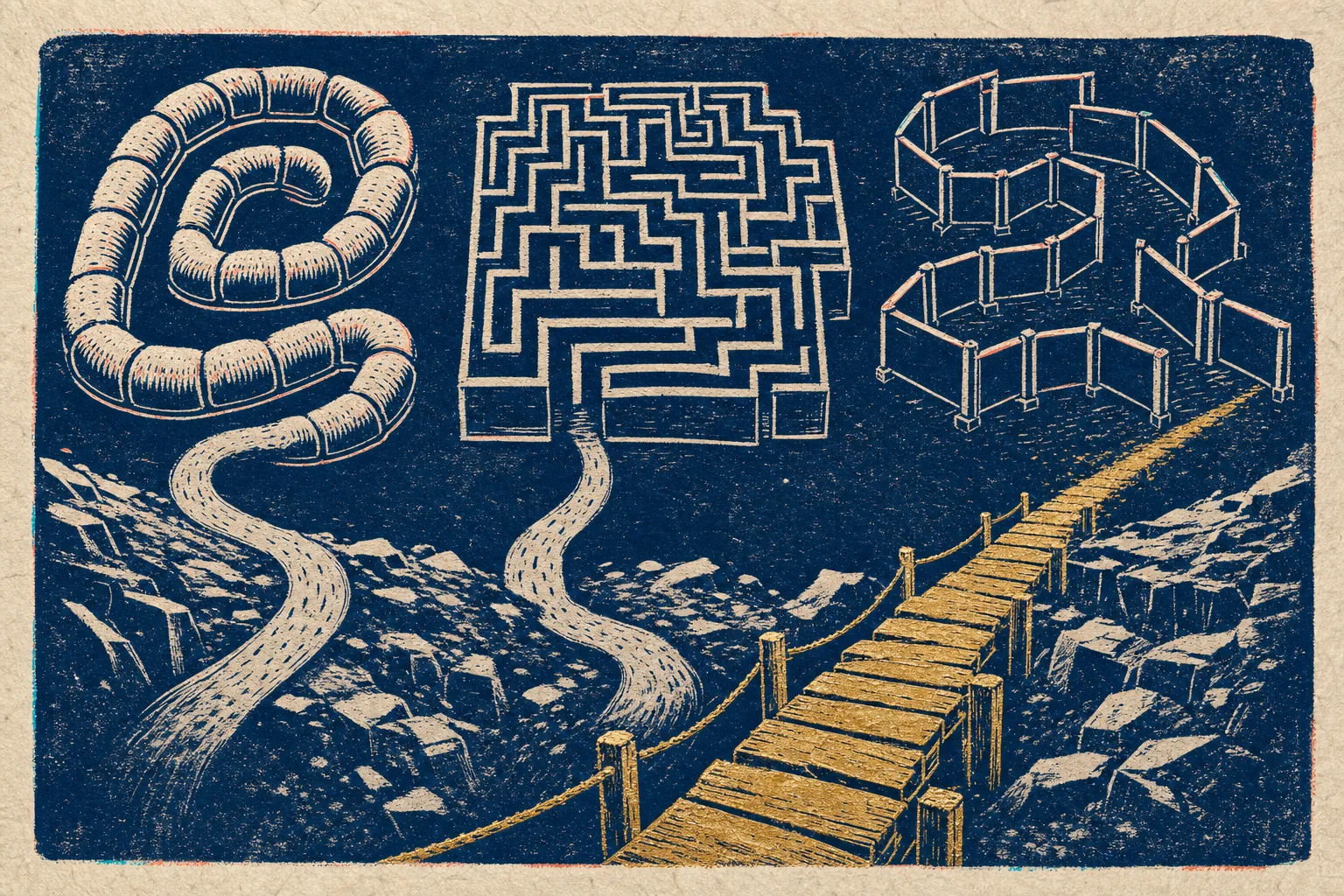 Three looping indigo routes return to their starts while a rough gold footbridge crosses imperfect ground.
