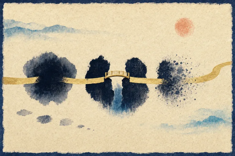 Three indigo blotches interrupt a gold path, with the final blotch dissolving into open paper.