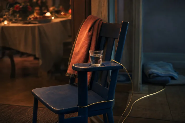 A blue chair with water and folded coat sits outside warm dining light as a gold cord leads toward rest.