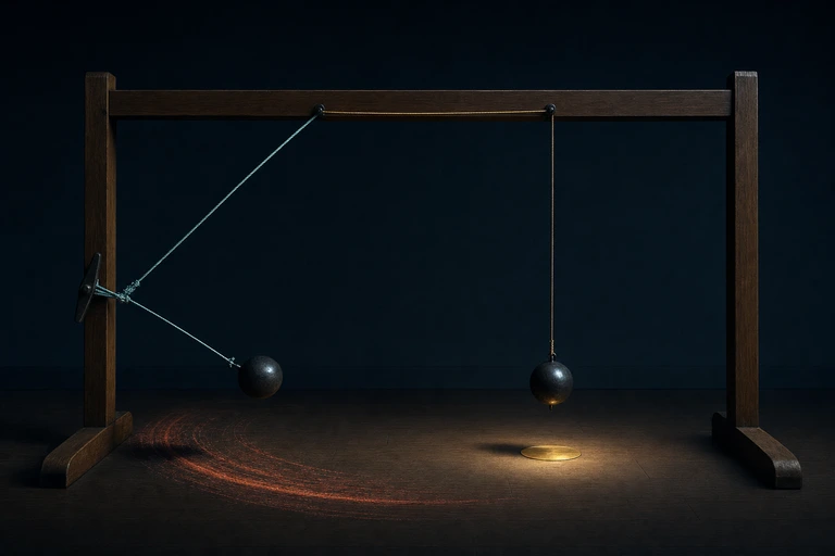 One iron pendulum strains far to the side above a scarred coral arc while its twin hangs still over a small gold disc.