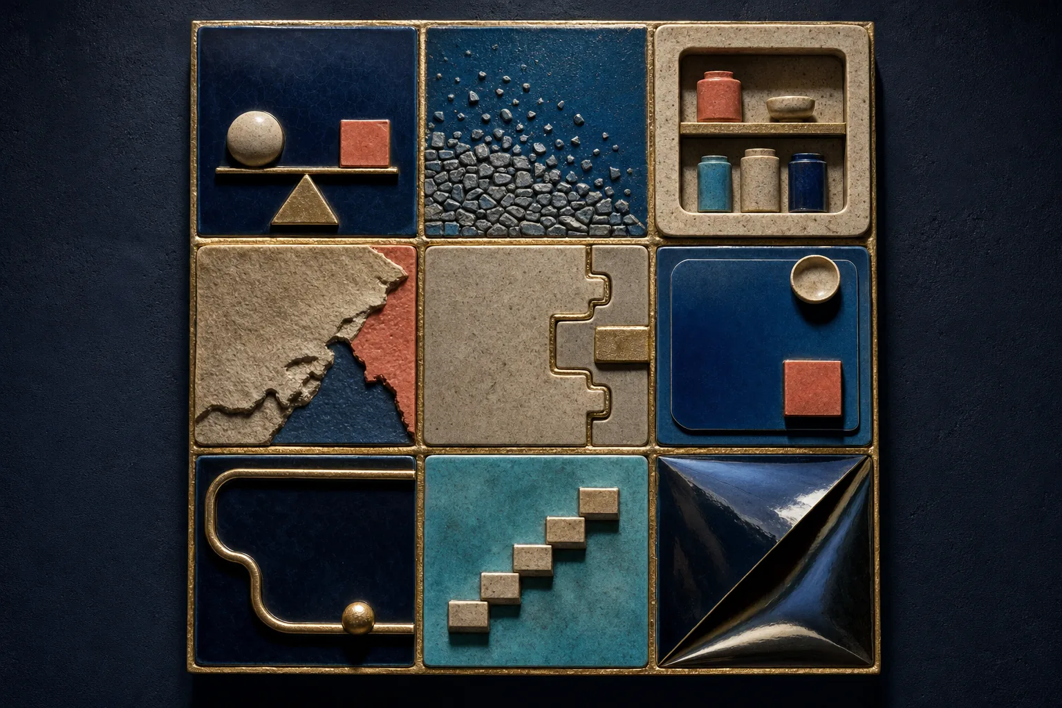 Nine materially distinct enamel-and-stone tiles interlock into one dark framework joined by gold.
