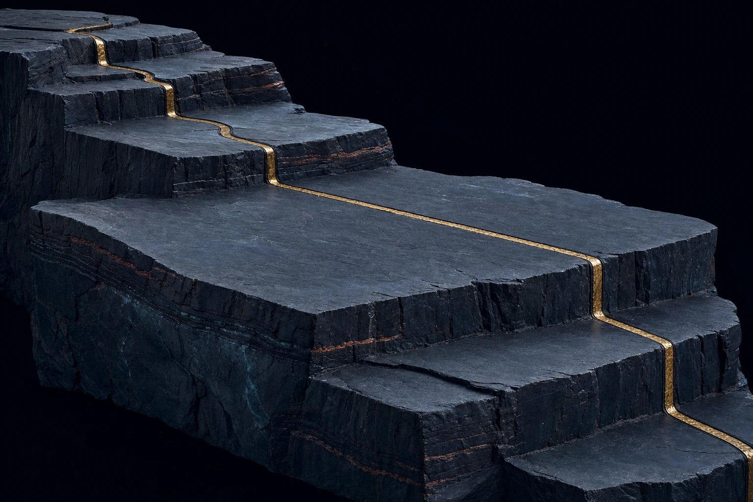 A gold inlaid stream descends carved slate terraces, running patiently across long level shelves between abrupt drops.