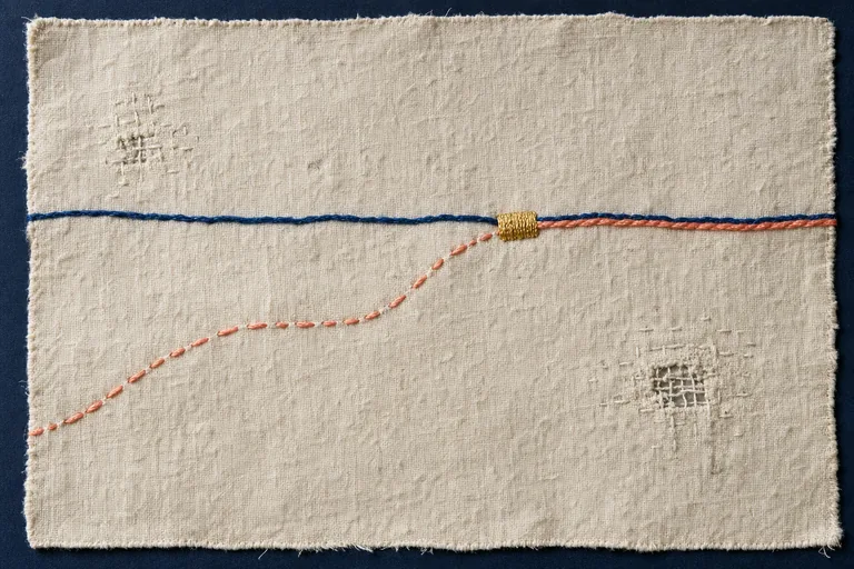 An indigo line and coral stitch follow different courses before joining at one visible gold repair.