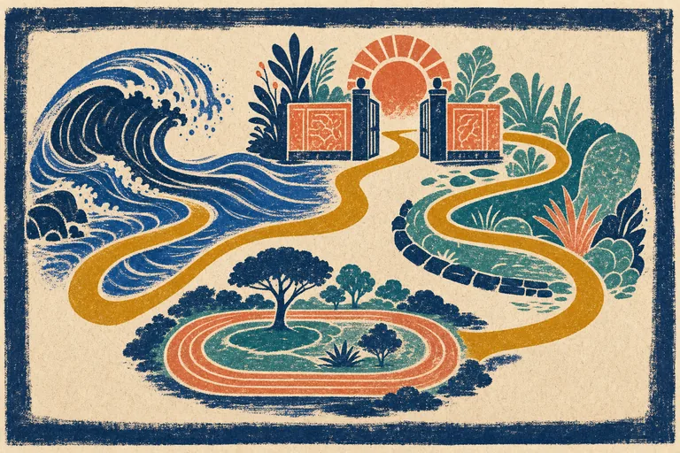 A winding gold route links a blue wave, a precise gate, a green buffer, and a walking track.
