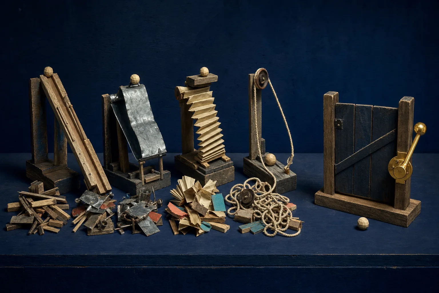 Four crude wood, tin, paper, and cord mechanisms spill extra parts while a plain gate waits beside them.