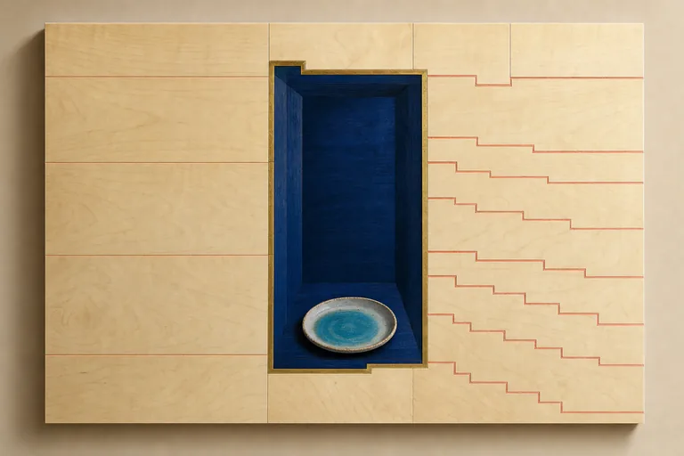 A gold threshold opens into one indigo chamber as faint coral seams creep toward a second opening.