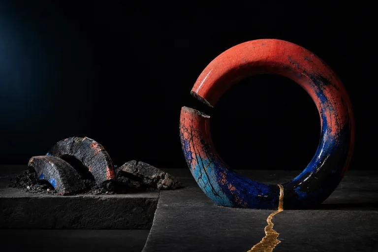A broken raku ceramic loop lies beyond a dark threshold while its gold seam continues forward.