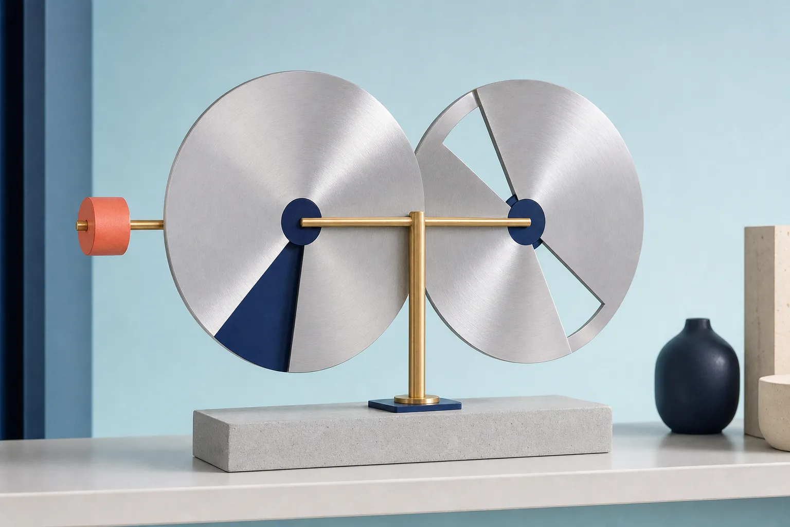 Two differently gapped metal discs rotate around the same gold spindle and return to one blue anchor.