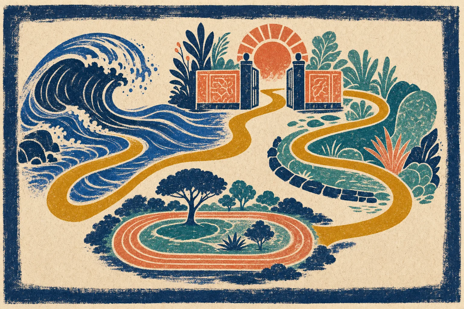 A winding gold route links a blue wave, a precise gate, a green buffer, and a walking track.
