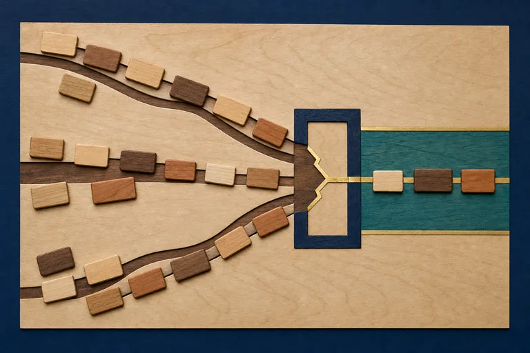 Blank marquetry tiles follow staggered grooves toward a repaired indigo boundary and a broad jade maintenance band.