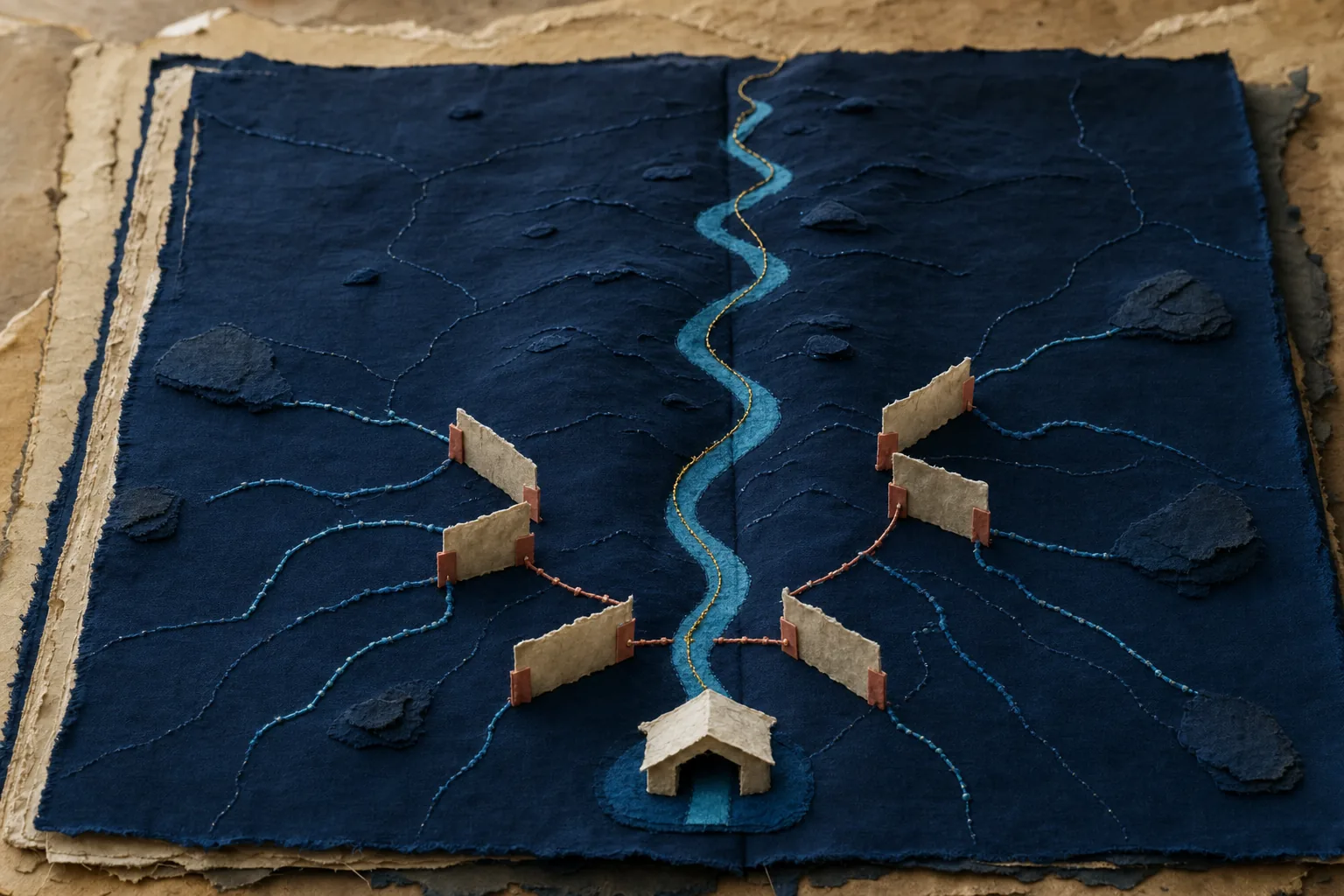 A cyan retreat route begins beyond firm vellum gates that redirect several other paths outward.