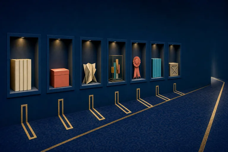 Seven polished gallery displays end in short returning paths while one plain gold exit continues directly.