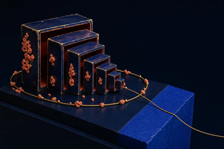 Nested lacquered boxes open onto more hollow boxes as a gold cord exits their orbit across a blue boundary.