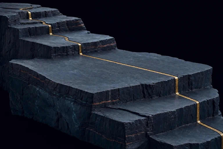 A gold inlaid stream descends carved slate terraces, running patiently across long level shelves between abrupt drops.
