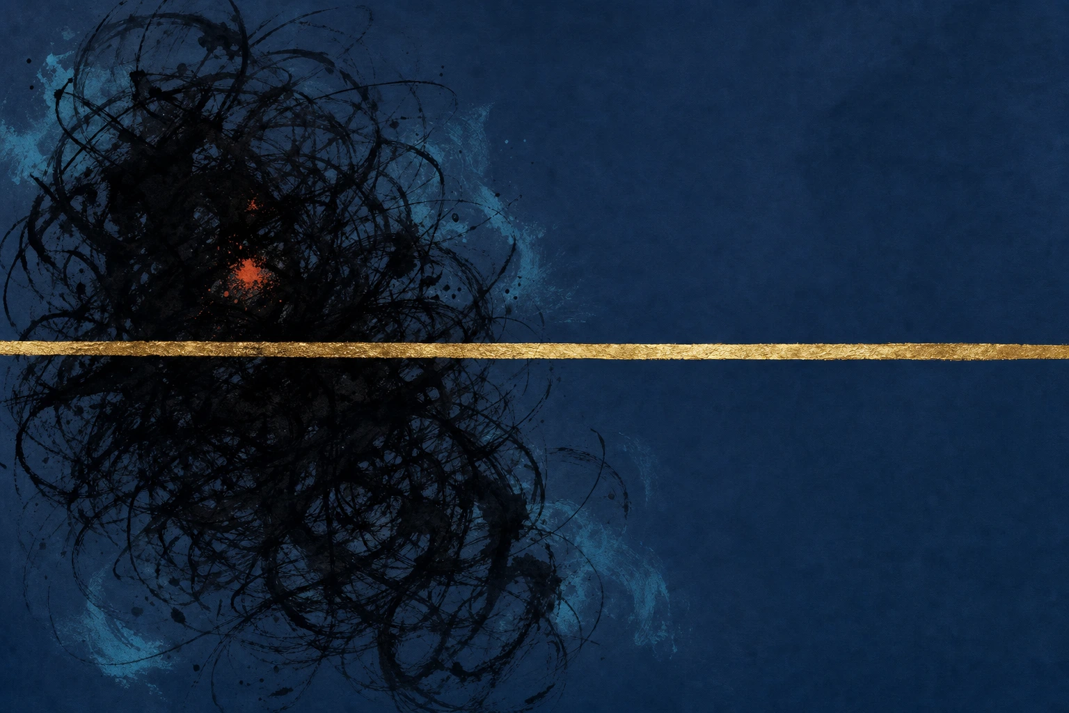 A dense storm of dark ink scribbles crowds one side of a deep blue field while a single clean gold brushstroke crosses calmly through open space.