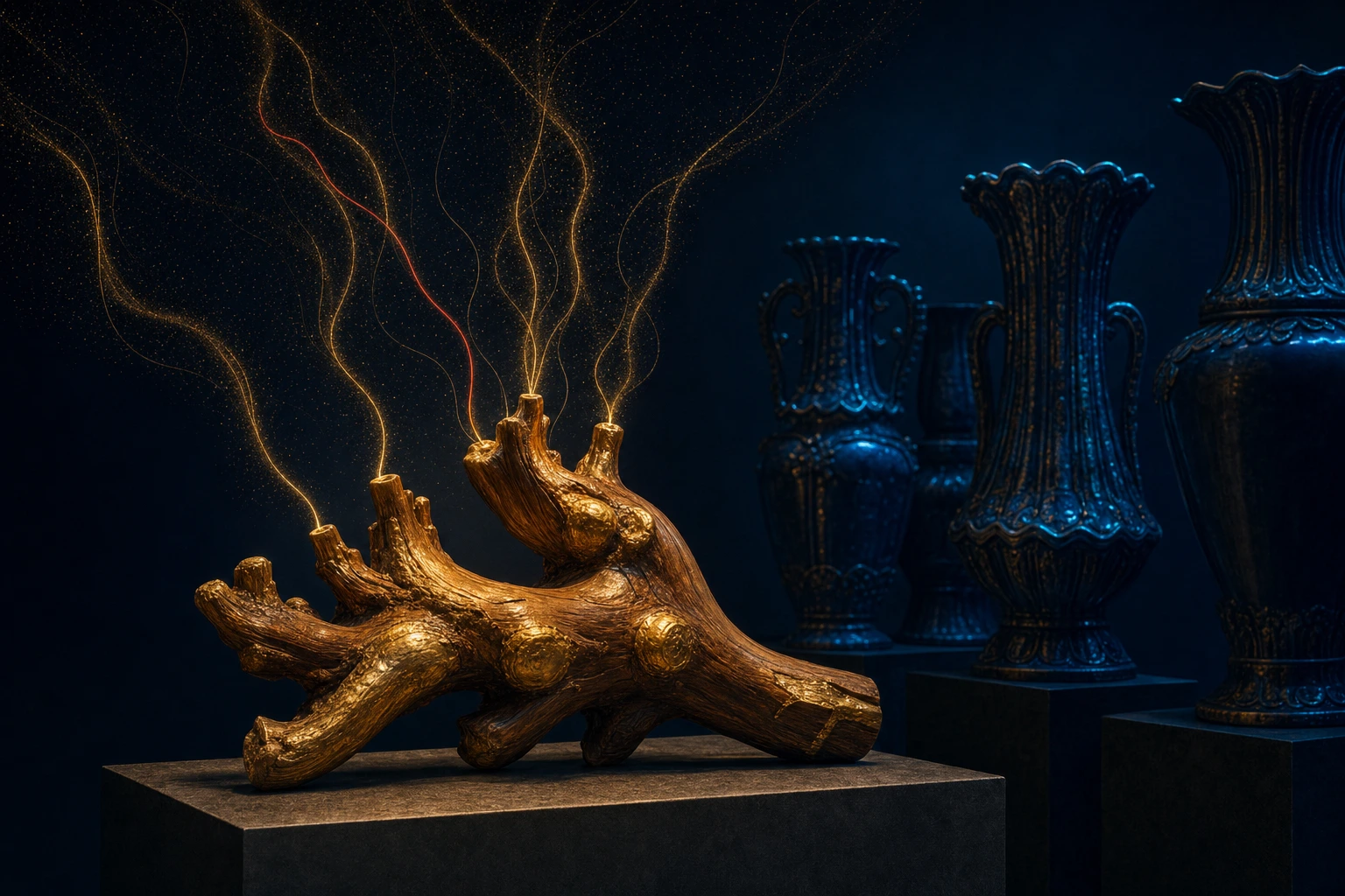 A gilded carved wooden root on a stone plinth sends up fine gold filaments while ornate empty vessels stand cold in shadow.