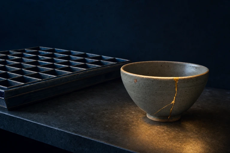 A stoneware tray of many tiny empty compartments recedes into shadow while one simple bowl with a gold repair seam rests alone in warm light.