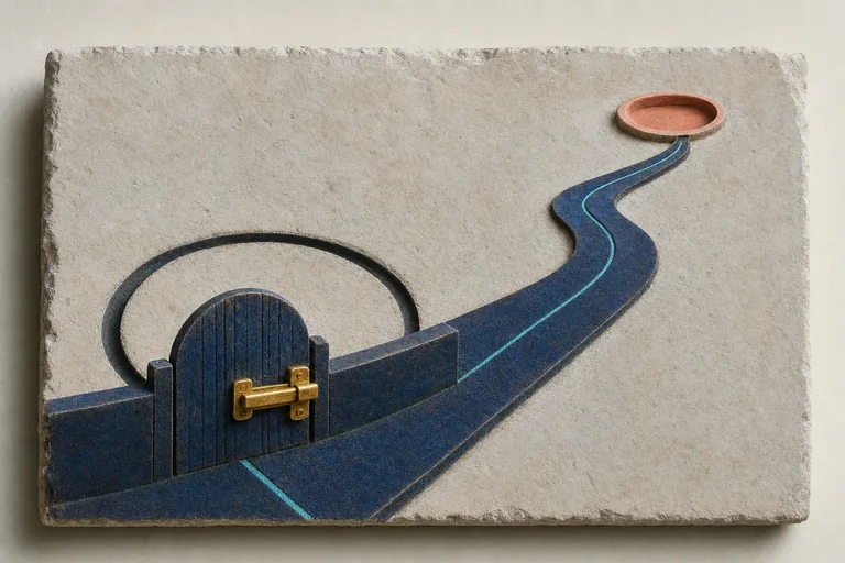 A gold latch closes the first gate along a route with a nearby returning groove and distant circle.