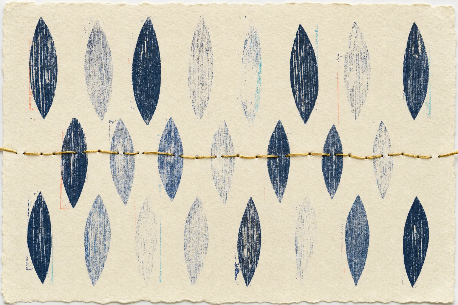 Uneven woodblock impressions repeat across warm paper while a stitched gold line remains continuous.