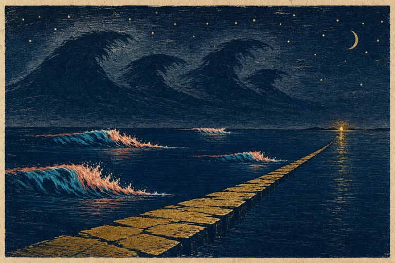 Short colored waves interrupt calm water as a low gold causeway continues beneath their oversized shadows.