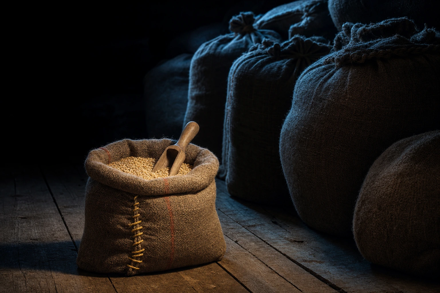 A small open burlap sack of pale grain with gold mending stitches and a wooden scoop stands in warm light before large closed sacks in shadow.