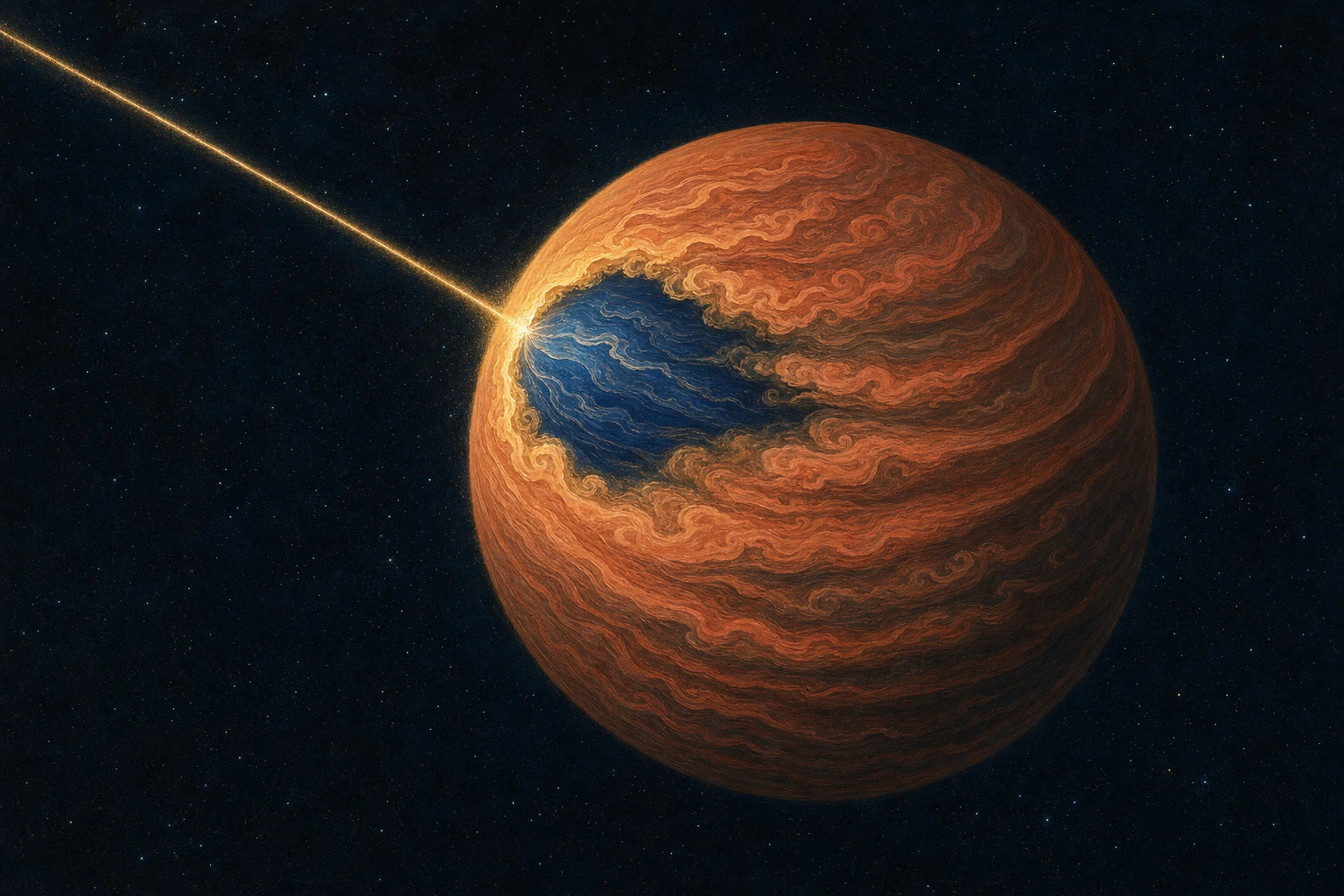 A single planet wrapped in thick coral storm veils hangs in deep blue space as one thin gold beam reaches its edge and opens a small clear break.
