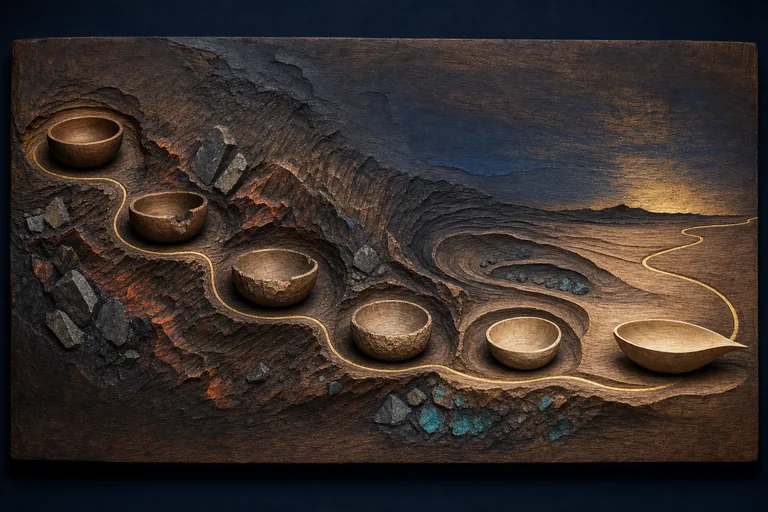 A carved wooden bowl is gradually reshaped by a rough landscape while a gold groove carries it onward.