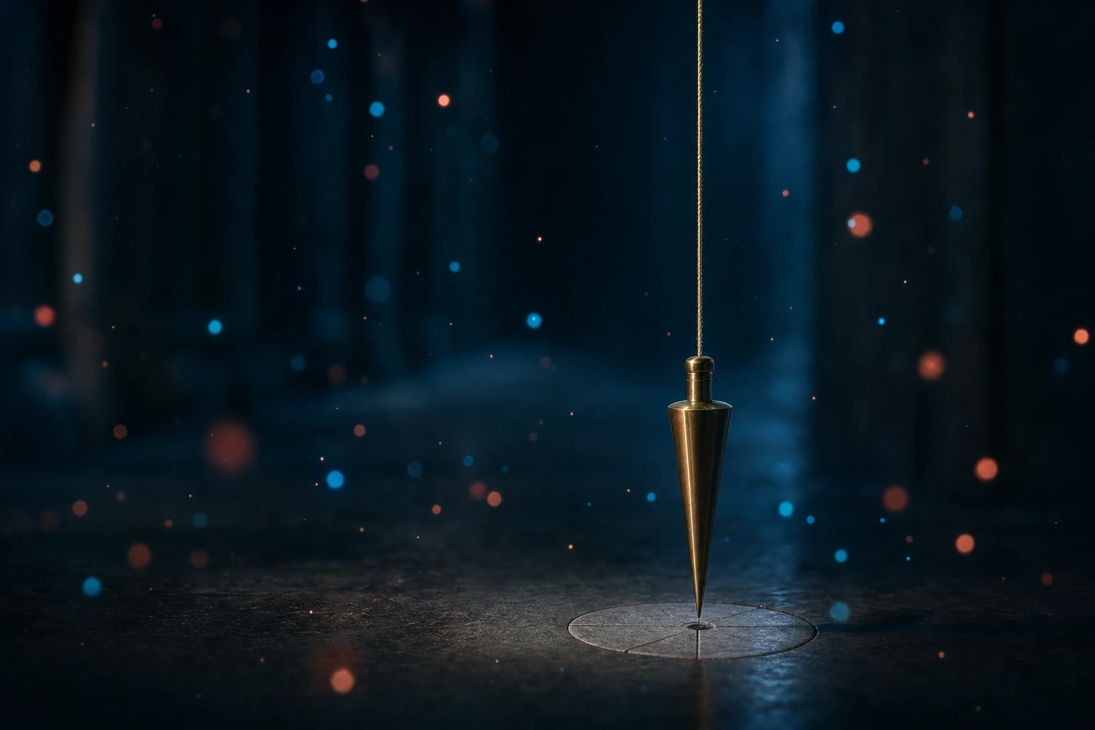 A brass plumb bob on a gold cord hangs perfectly still in a dark hall filled with soft drifting coral and cyan flickers.
