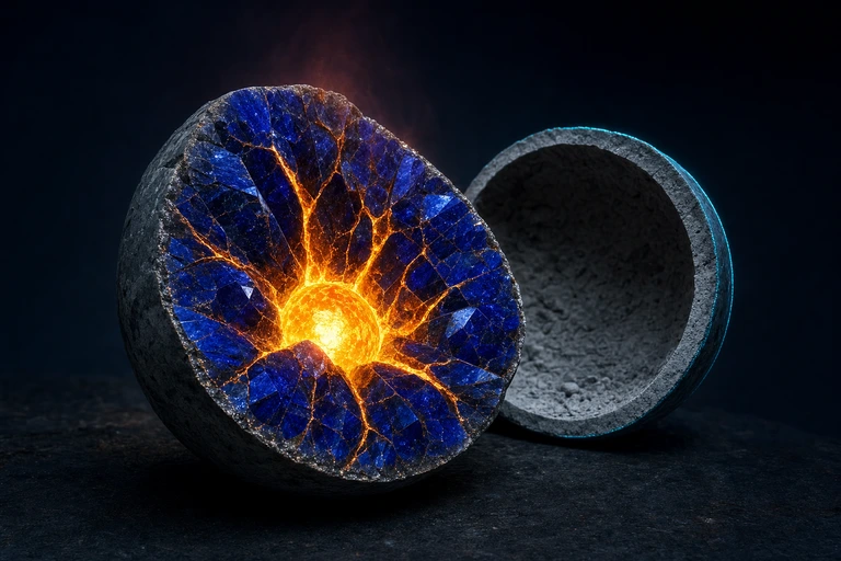 A split stone sphere glows with molten gold veins around a bright core beside a second cut sphere that is gray dust and empty cavity inside.