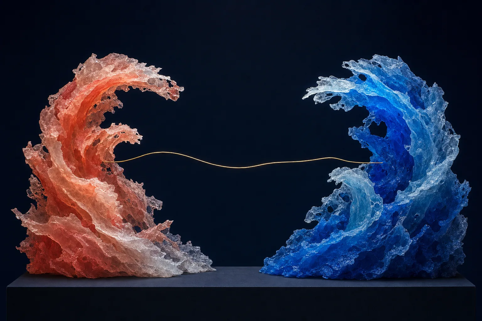 Coral and blue resin wavefronts stop before a clear central corridor crossed by an unattached gold filament.