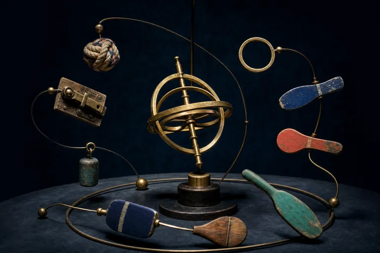 A brass gyroscope returns to center while varied question-like objects orbit its gold spindle.