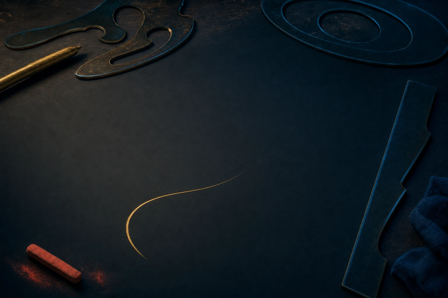 Fixed drafting templates lie in shadow around a blank deep blue slate where a single confident gold line begins its own course.