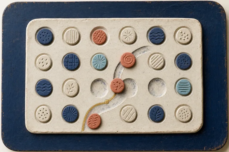 Coral clay tokens slip from a personal grid, leaving wear tracks that reveal an automatic eating pattern.
