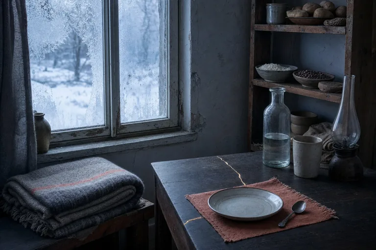 A prepared blanket, water vessel, pantry shelf, and simple place setting remain ordered during a winter outage.