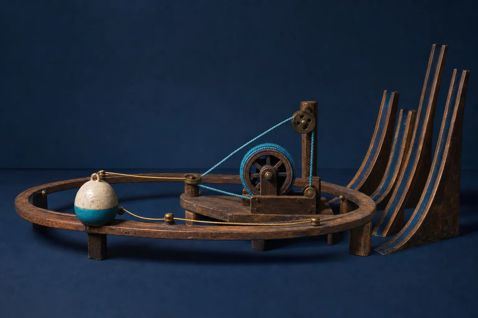 A wooden mechanism carries one rounded weight around a gentle loop beside unused steep ramps.