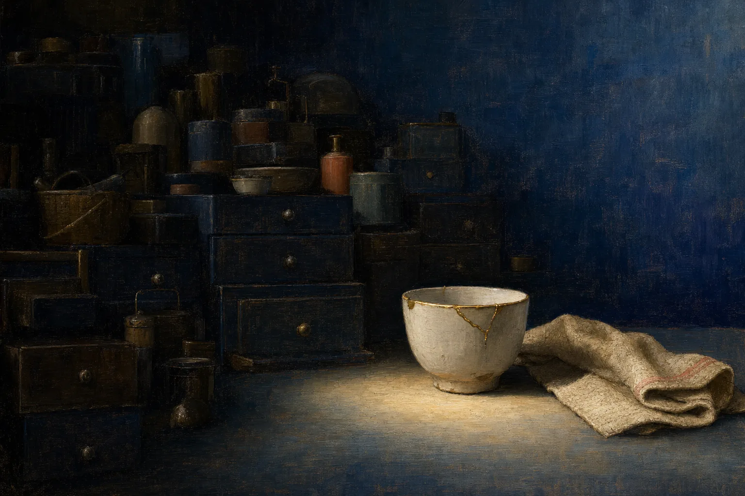 Crowded dark drawers recede around one chipped cup illuminated beside a plain working cloth.