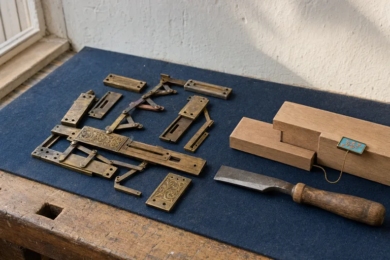 An ornate failed contraption lies disassembled beside a plain tool, a sound wooden joint, and a salvaged lesson.
