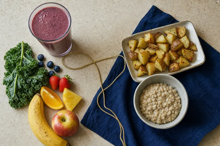 A smoothie, baked potatoes, and oatmeal form a modest raw-and-cooked meal on a pale tabletop.