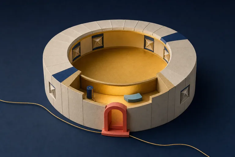 A circular paper-and-ceramic day structure with one gold open bay and sealed side apertures.