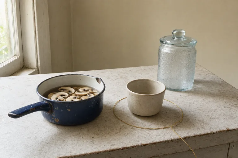 A chipped enamel pot, sliced mushrooms, plain cup, and storage jar rest on an old table.