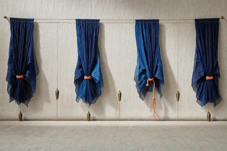 Weighted indigo silk folds descend between broad linen openings while a small brass plumb remains steady.