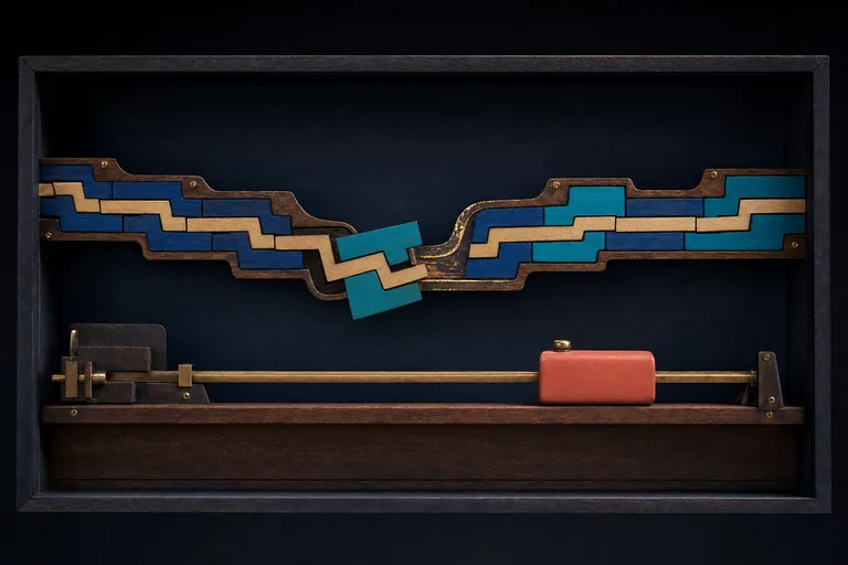 A displaced wooden rhythm piece follows a worn gold groove back into a long offset cadence track.