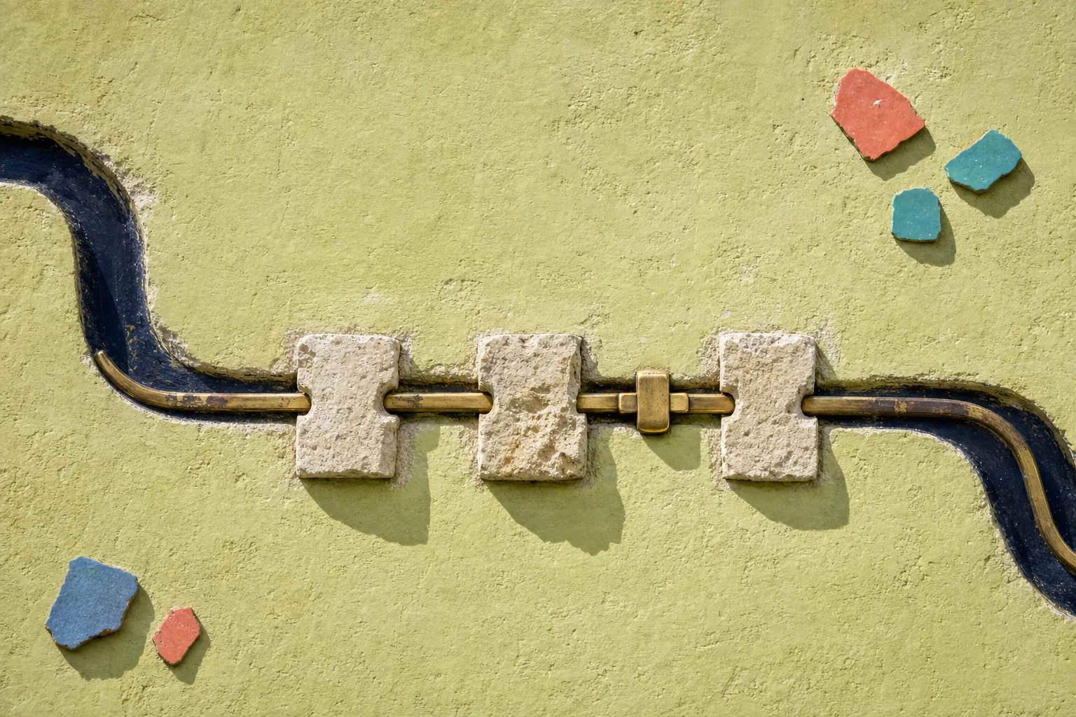 A worn brass groove rejoins its original wall channel through three rough limestone inserts and one plain latch.