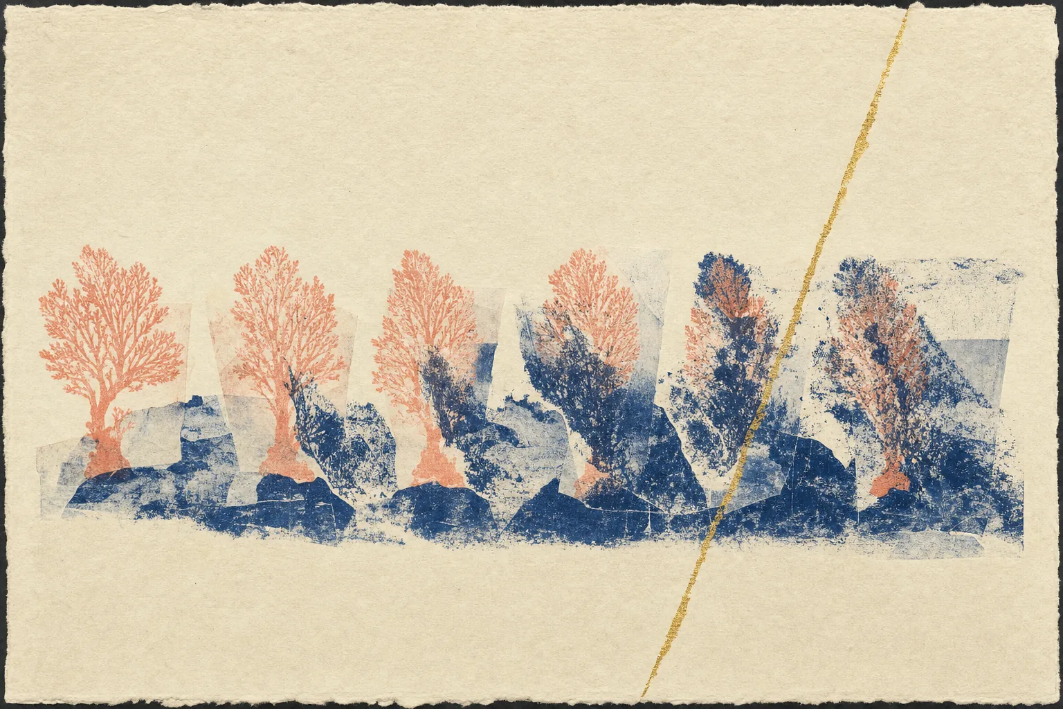 Coral impressions advance beneath coarse indigo aftermath prints until a diagonal gold cut opens into clean paper.
