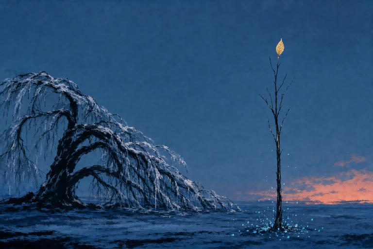A slender young sapling stands straight with one gold leaf at its tip beside a great old tree that still bows under winter ice.