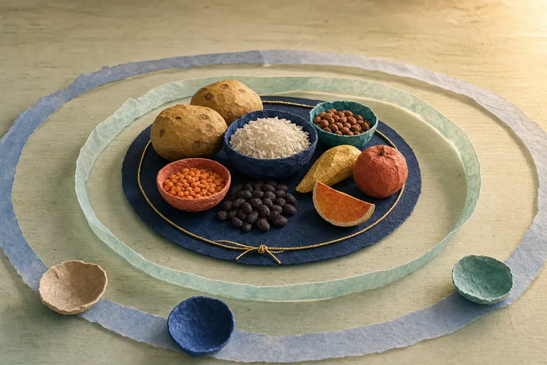 Papier-mâché potatoes, rice, beans, lentils, and fruit sit within nested but deliberately unequal boundaries.